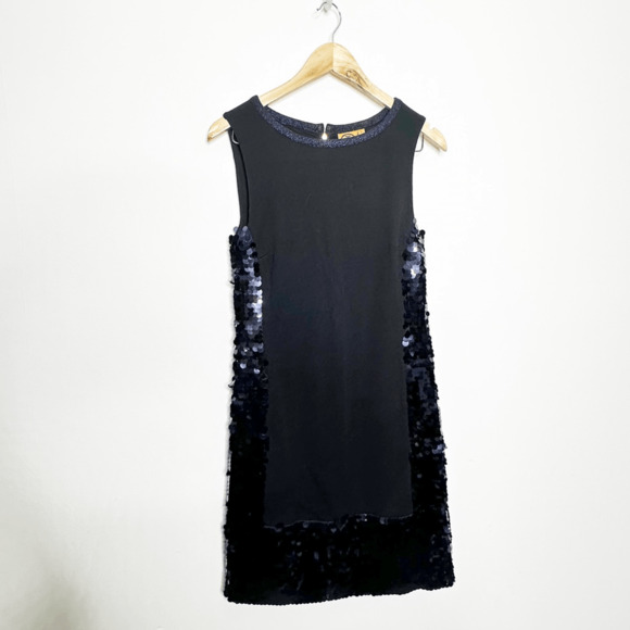 TORY BURCH Wool Sheath SEQUIN Dress Navy Blue black paneled womens s SMALL - Picture 2 of 8